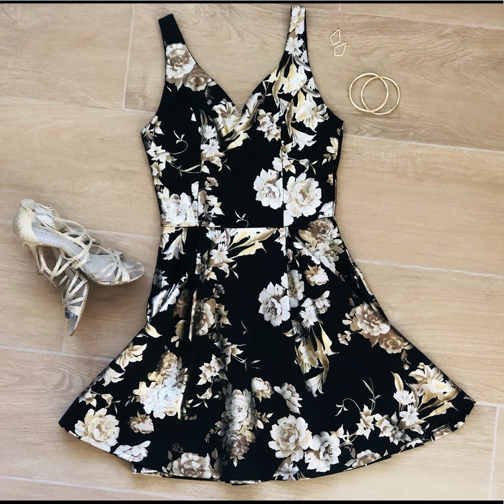 Black Dress with Metallic Gold & White Floral